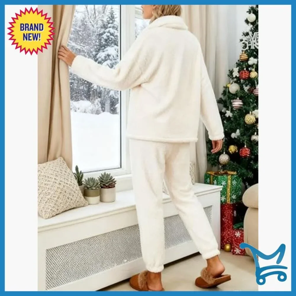 Warm Sherpa Fleece Pajama Set Pullover Lapel Lounge Sleepwear X-Large